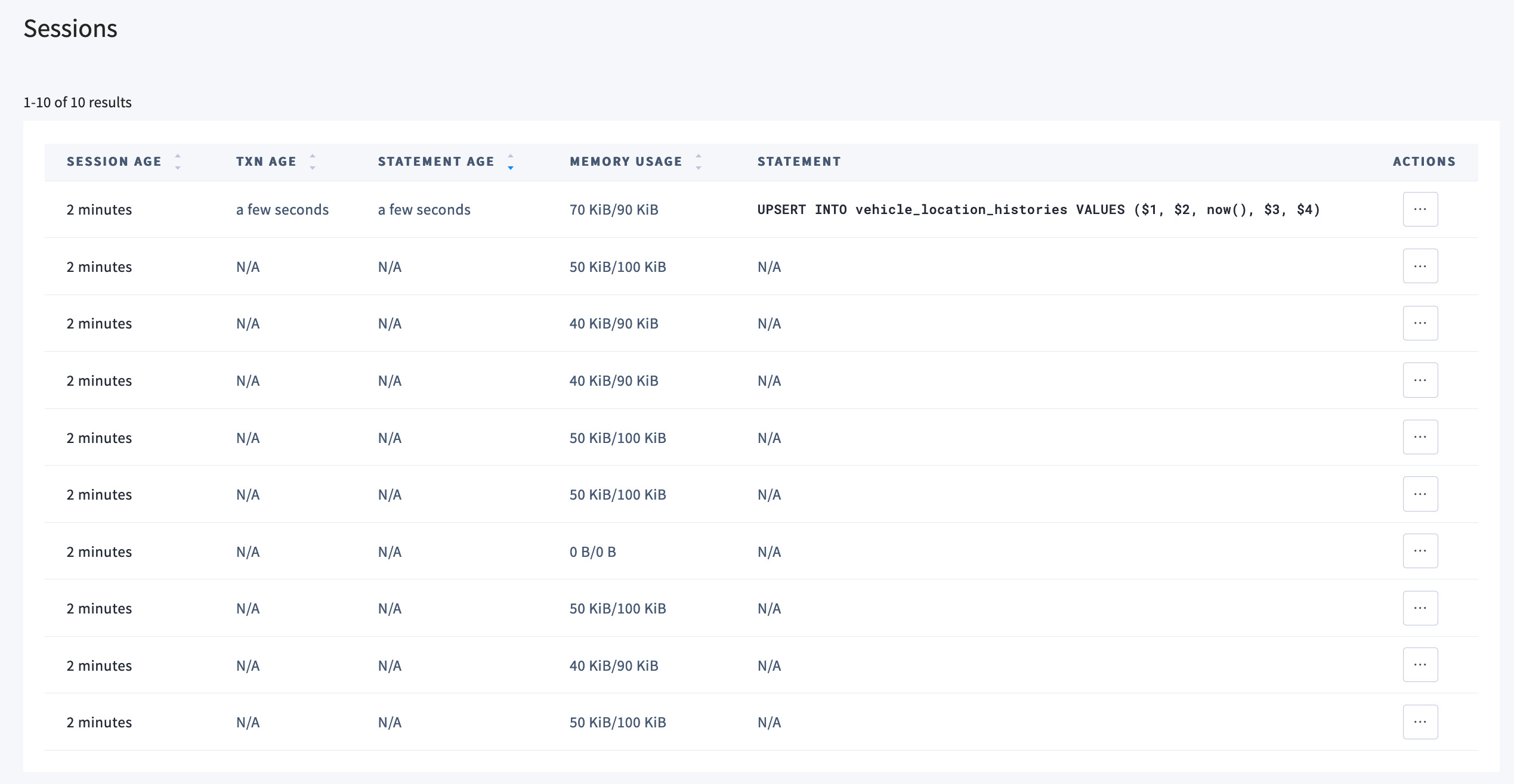 DB Console Database Tables View